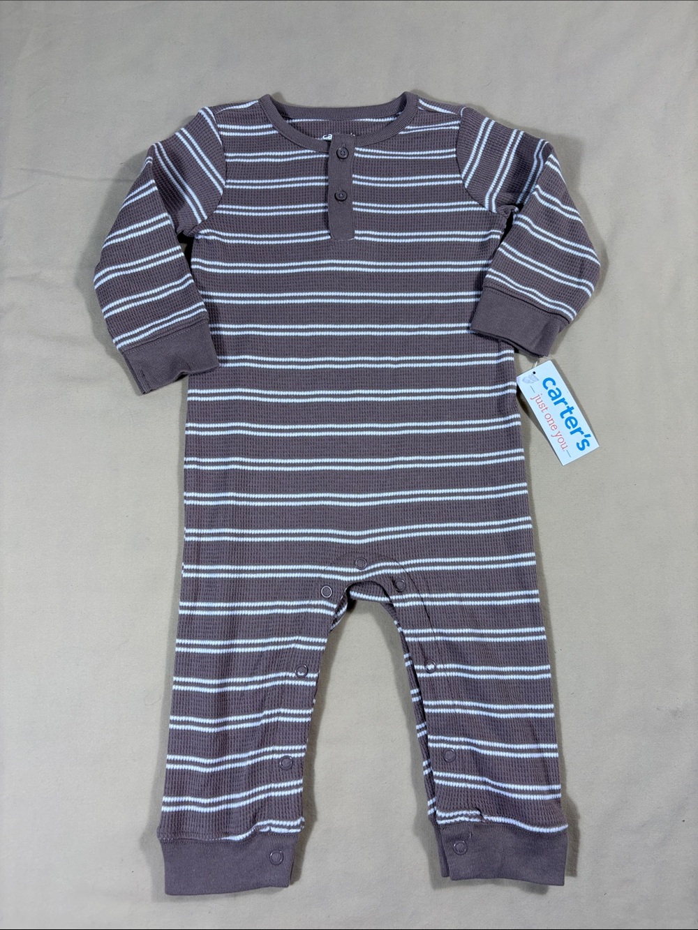 Carters Baby Boys Brown Striped Henley Waffle Knit Romper Jumpsuit 9M 1T938910